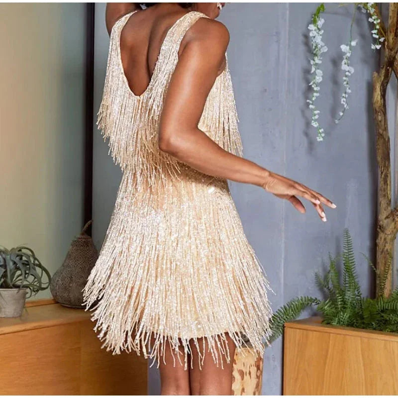 Elegant Sleeveless V-Neck Vintage Tassel Mini Dress - Image 6