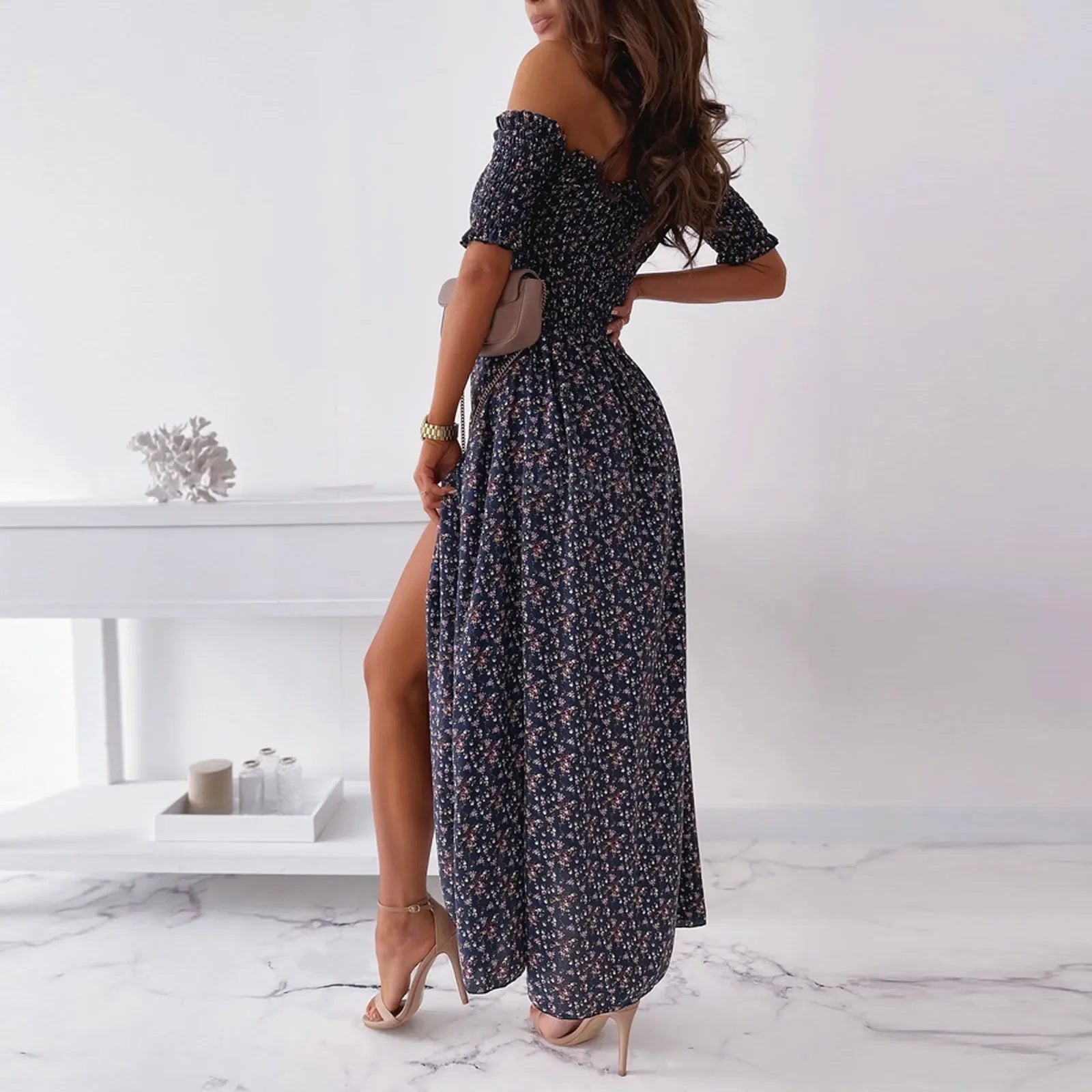 Elegant Black Floral Print Backless Summer Dress - Image 5