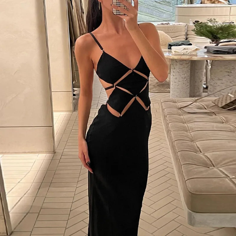 Elegant Black Hollow Out Slip Dress for Summer Parties - Image 13