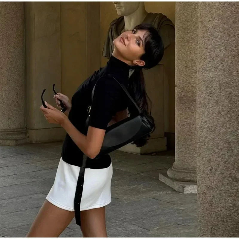 Elegant Contrast Turtleneck Mini Dress for Women - Image 13
