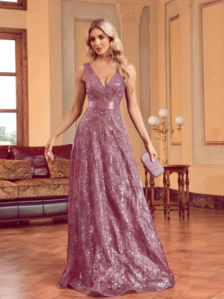 Elegant Deep V-Neck Sequined Blue Evening Dress for Events - Image 44