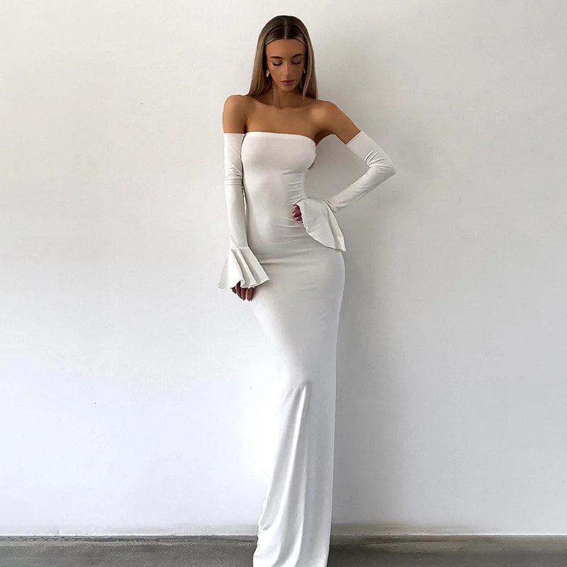 Black Slim Ruffled Backless Off-Shoulder Maxi Dress - Image 31