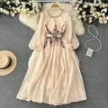 Elegant Beaded Mesh Long Dress with Puff Sleeves - Image 6
