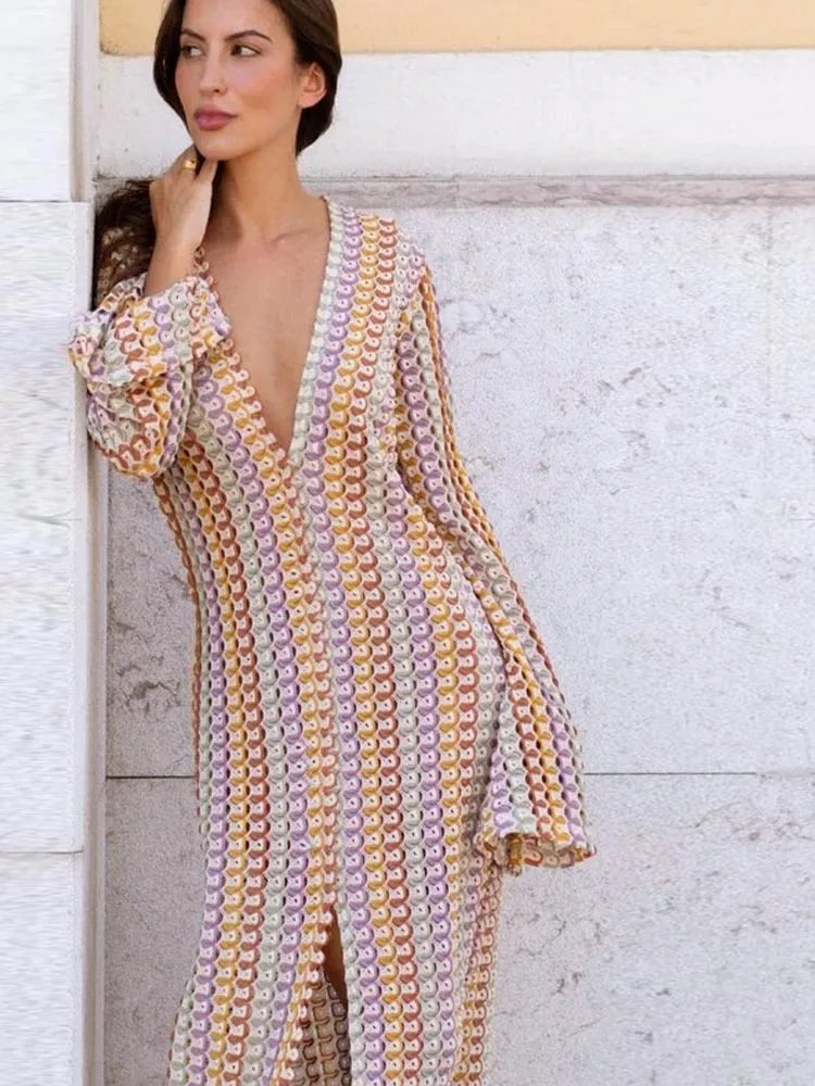 Elegant Deep V Neck Bohemian Maxi Dress for Women - Image 12