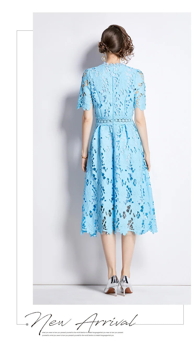 Elegant Embroidered Lace Hollow Out Short Sleeve Dress - Image 17