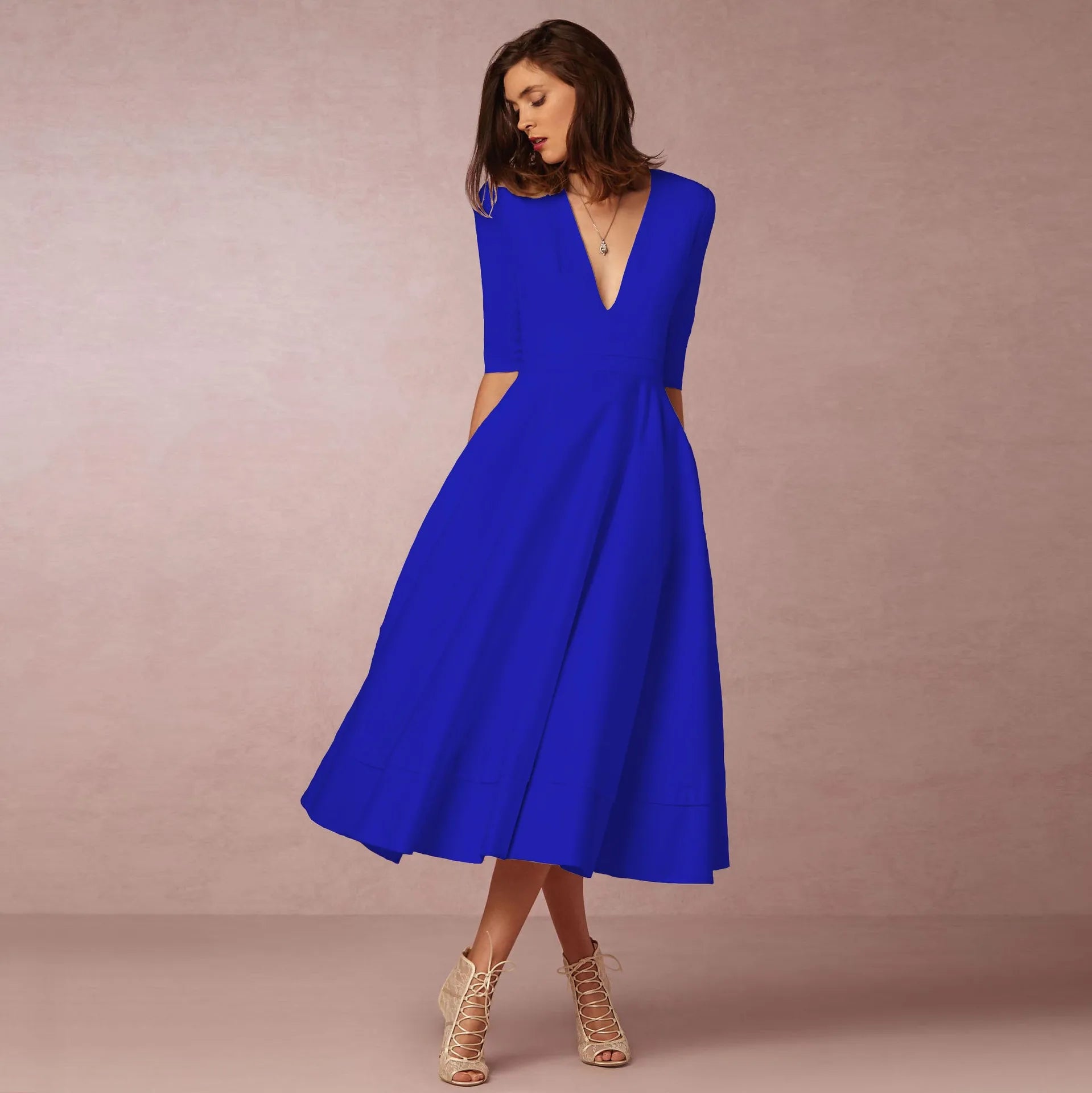 Elegant Solid Color A-line Evening Dress with Deep V-neck - Image 35