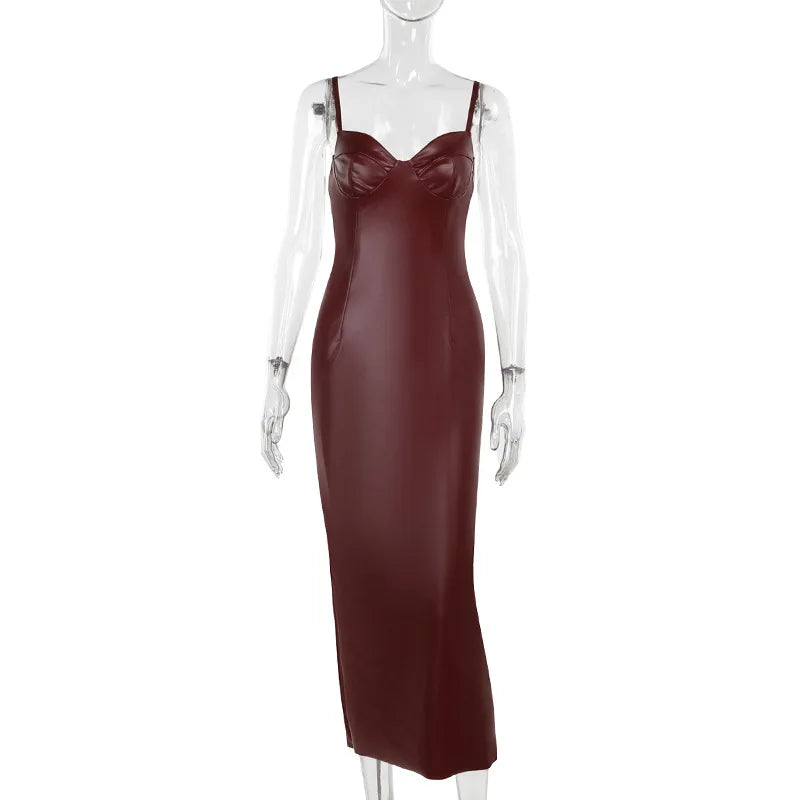 Stylish Solid Color PU Leather Splicing Bodycon Dress - Image 8