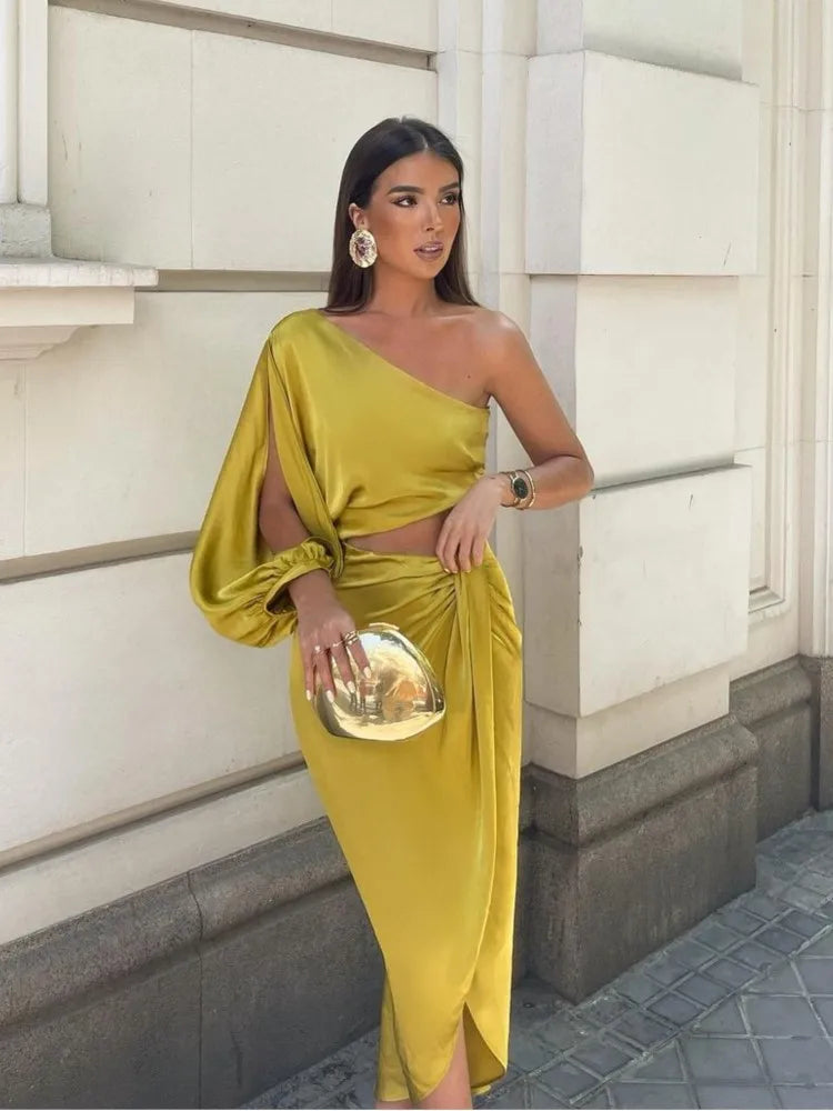One Shoulder Asymmetrical Satin Long Dress for Women - Image 3