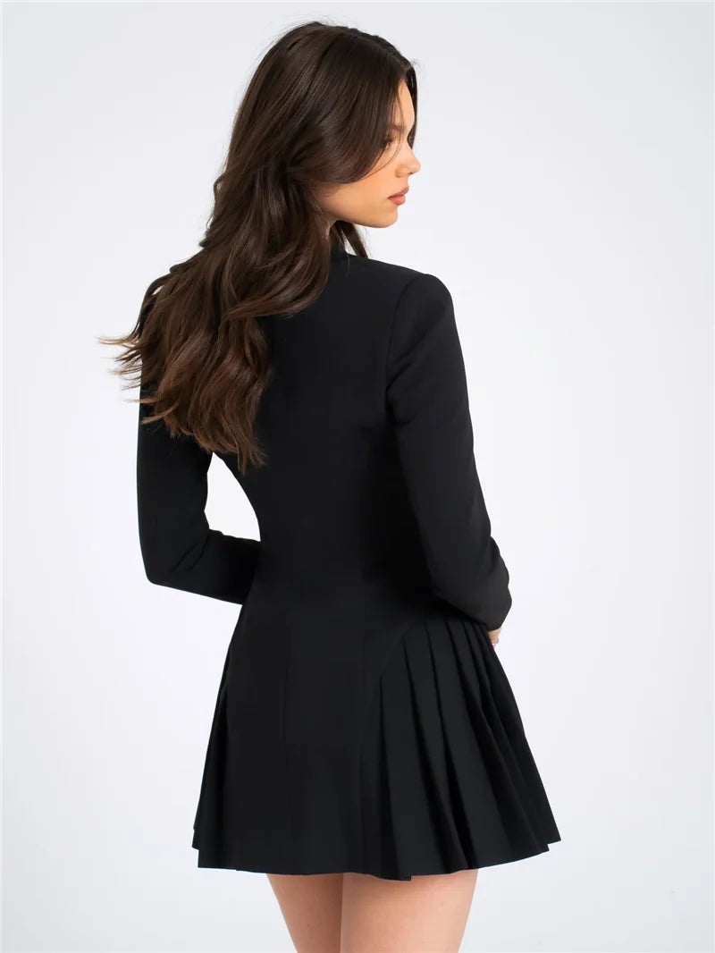 V Neck Pleated Black Blazer Mini Dress for Women - Image 13