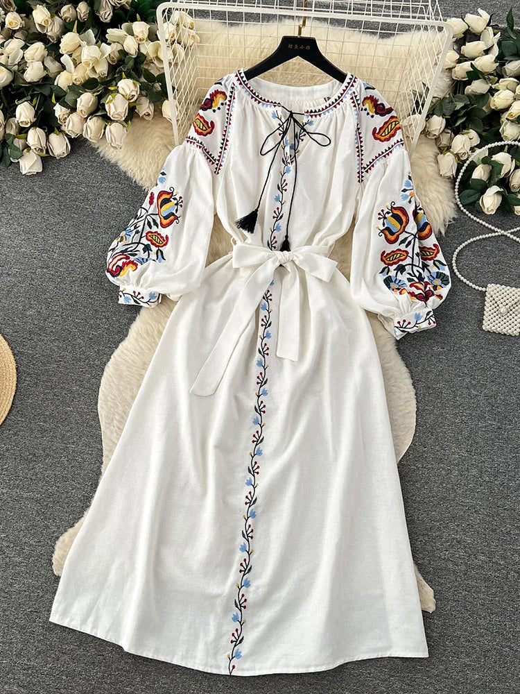 Vintage Ethnic Lantern Sleeve A-line Cotton Linen Dress - Image 18