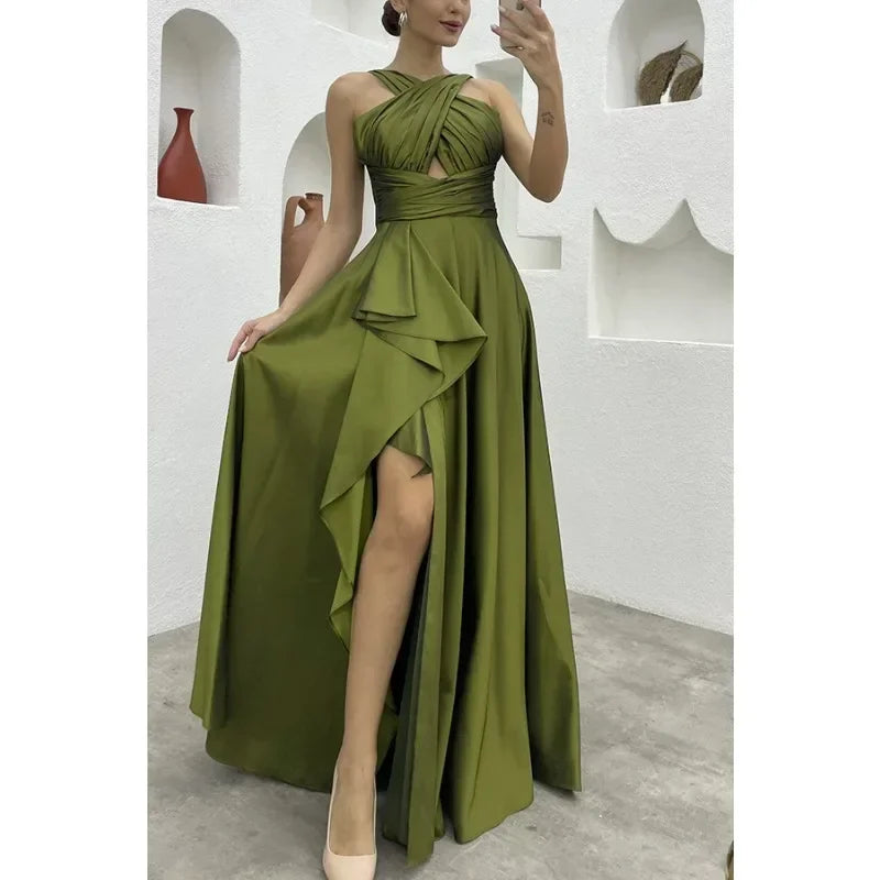 Elegant Sleeveless High Waist Ruffle Slit Evening Dress - Image 7