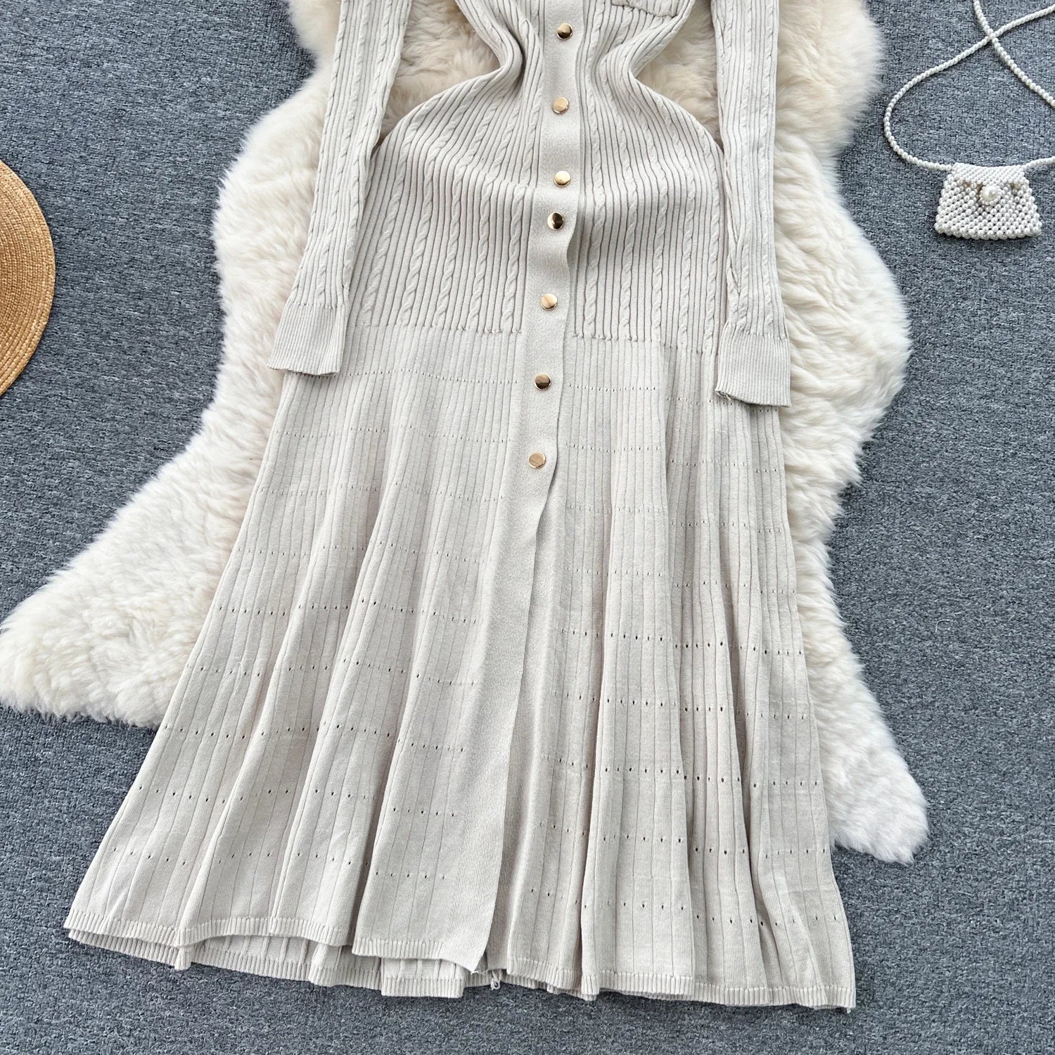 Elegant V-Neck Knitted Dress for Women - Long Sleeve A-Line - Image 32