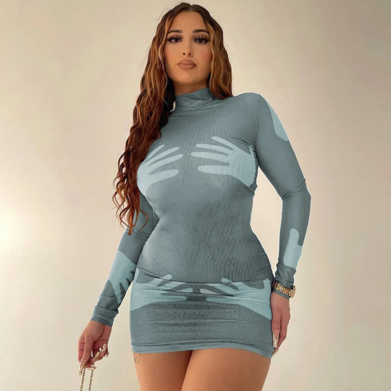 Trendy Women's Printed High Collar Long Sleeve Dress - Image 4