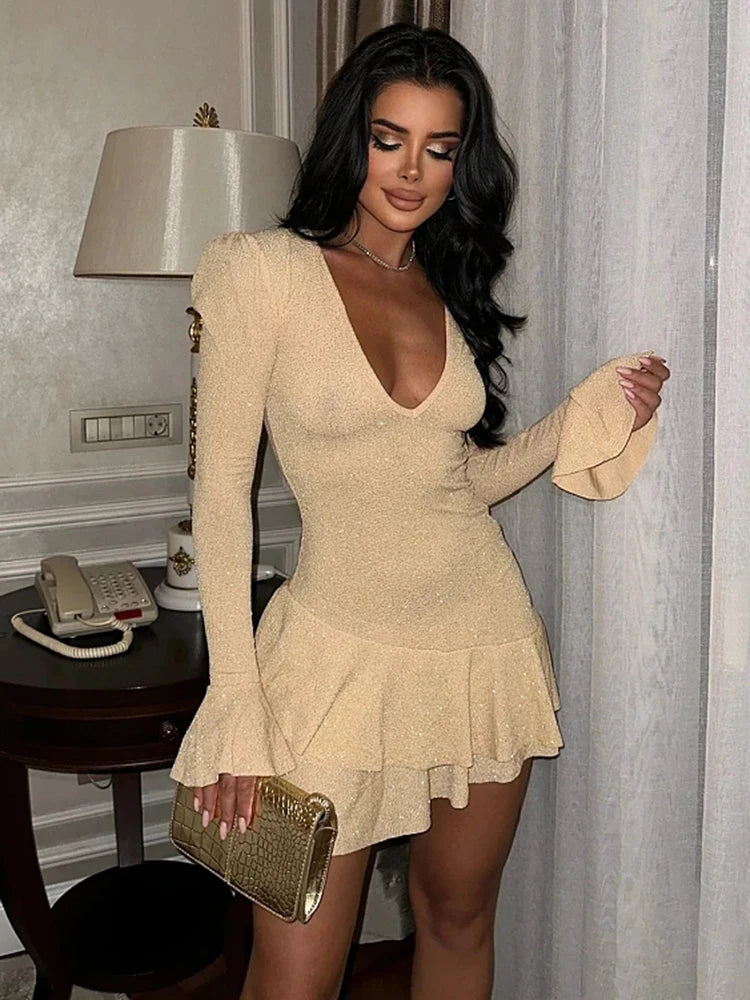 Elegant Silk Deep V Ruffled Bodycon Mini Dress for Women - Image 7