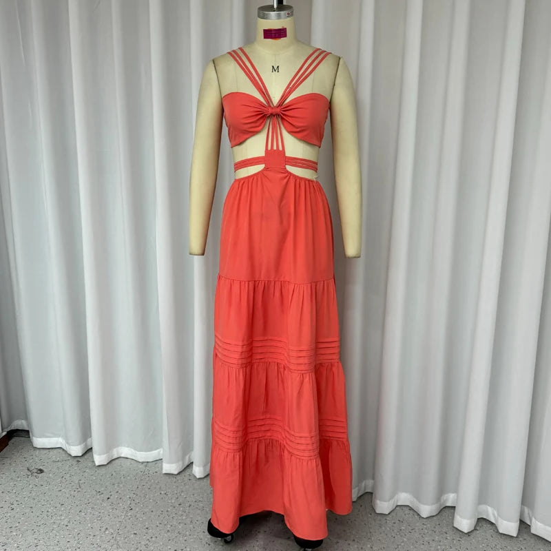 Summer Backless Hollow Out Pleated Maxi Dress for Women - Image 4