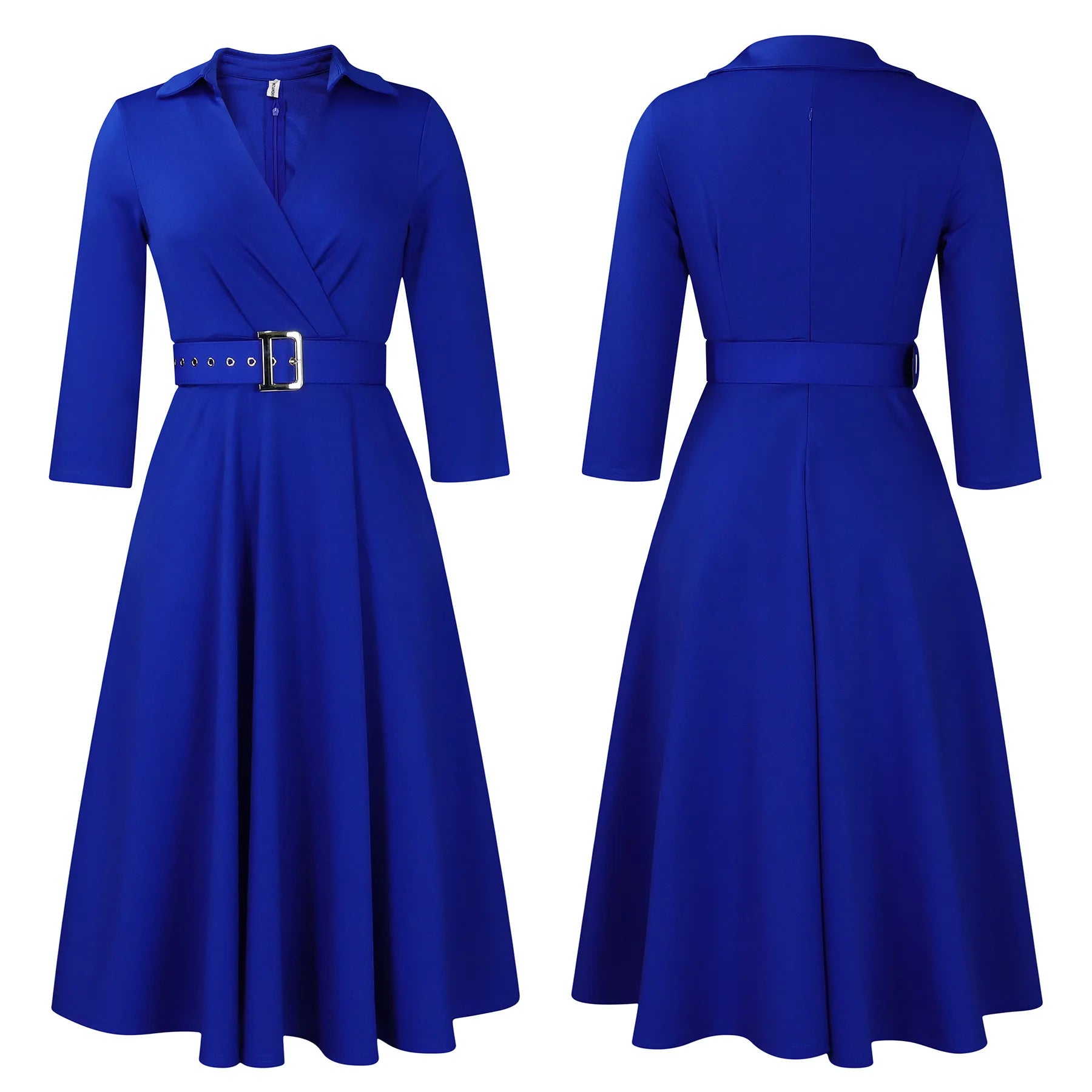 Chic Women's Autumn Lapel Solid Color Swing Dress - Image 77
