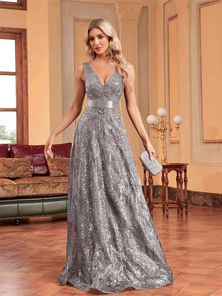 Elegant Deep V-Neck Sequined Blue Evening Dress for Events - Image 16