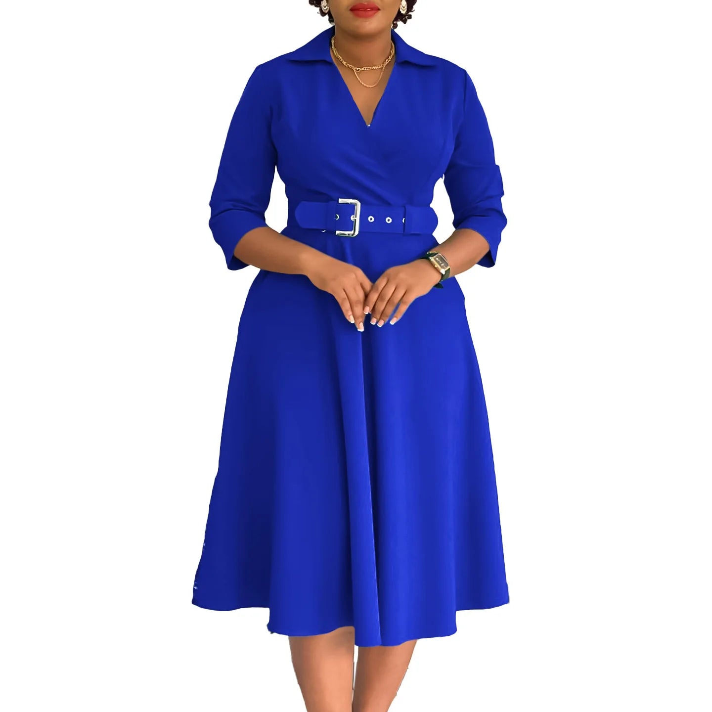 Chic Women's Autumn Lapel Solid Color Swing Dress - Image 76