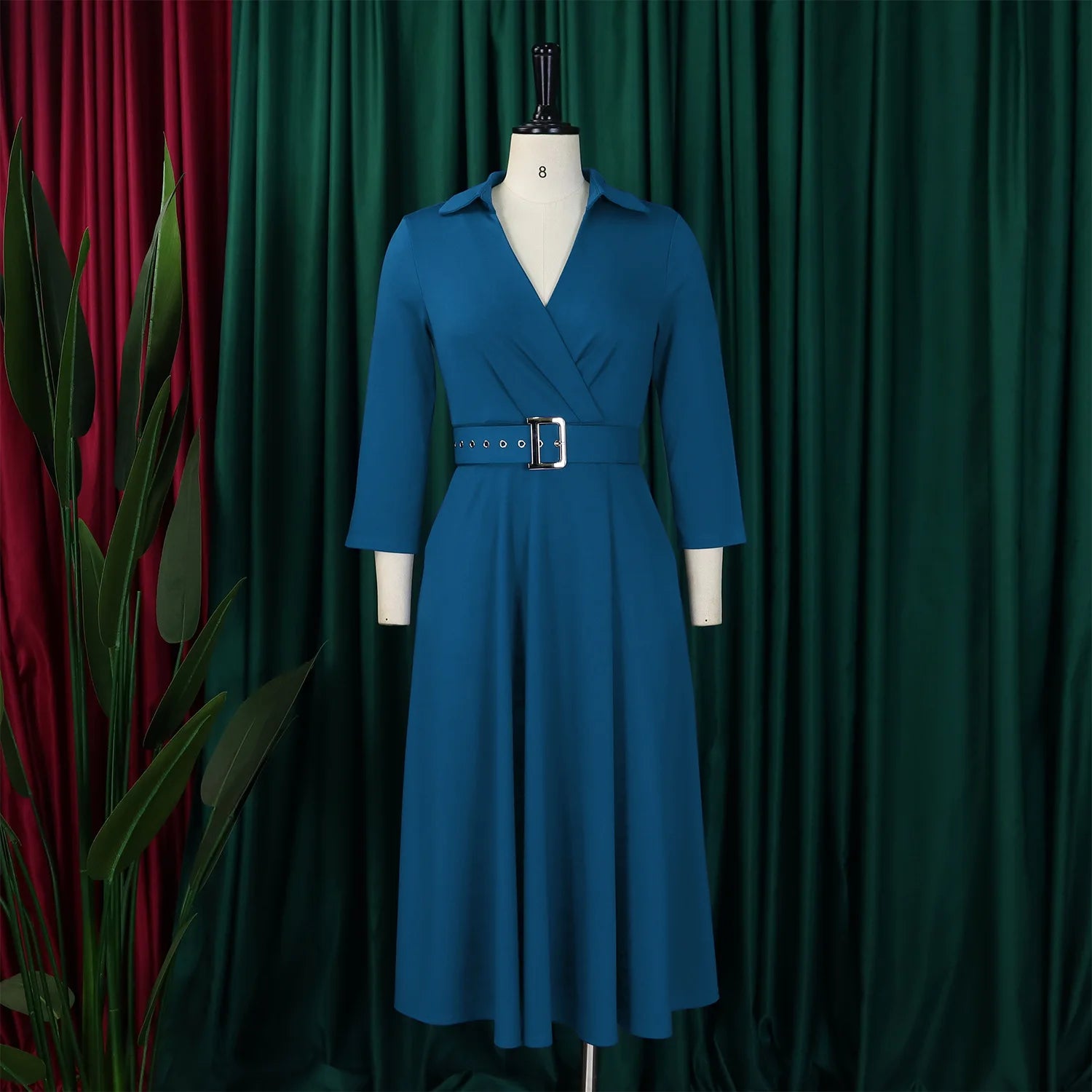 Chic Women's Autumn Lapel Solid Color Swing Dress - Image 11