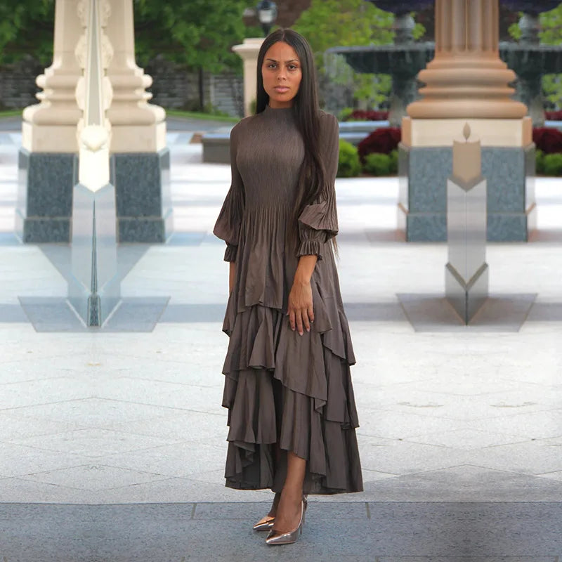 Elegant Lantern Sleeve Dress with Lotus Edge Skirt - Image 2
