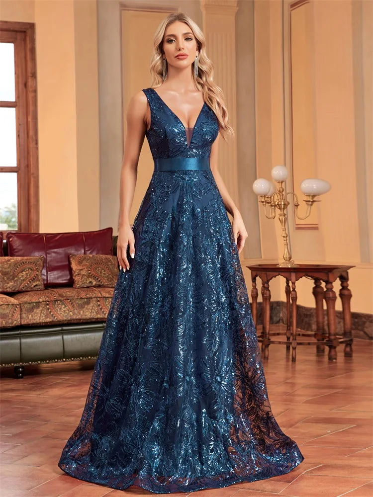 Elegant Deep V-Neck Sequined Blue Evening Dress for Events - Image 17