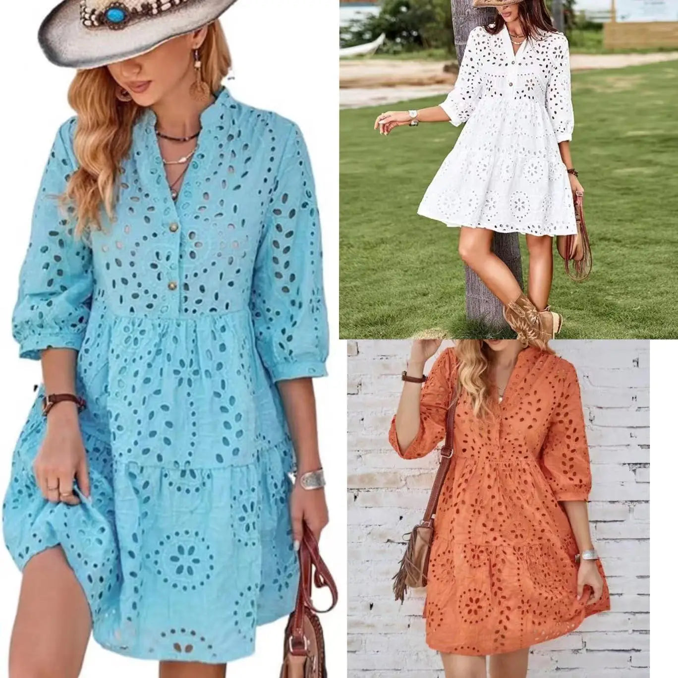 Elegant Hollow Out 7-Point Sleeve Casual Dress for Women - Image 11