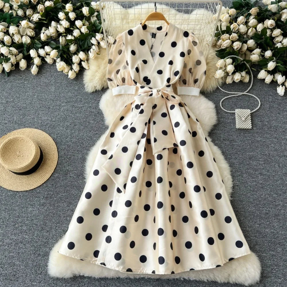Vintage Polka Dot Maxi Dress with V Neck & Puff Sleeves - Image 9