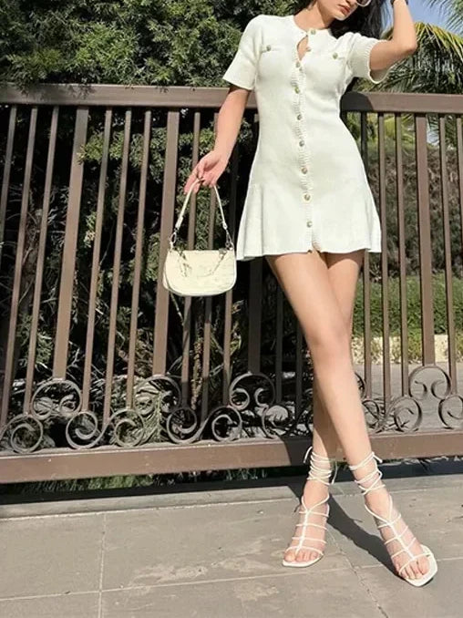 Elegant White Knitted A-Line Dress with Fake Pockets - Image 5