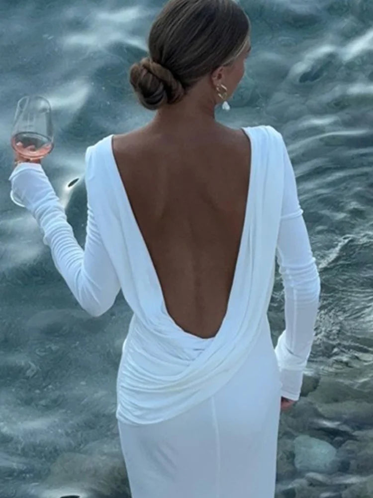 Elegant Backless White Long Sleeve Slim Fit Dress - Image 3