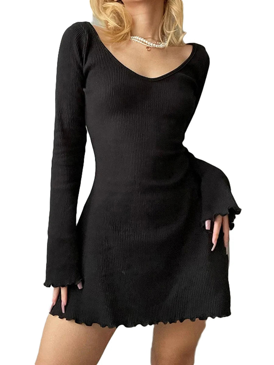 Women's Solid Ribbed Long Sleeve V-Neck Mini Dress - Image 5