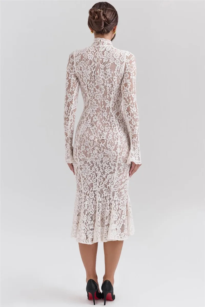 Elegant Lace Midi Dress with High Collar for Women - Image 14