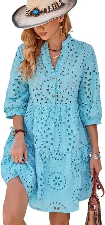 Elegant Hollow Out 7-Point Sleeve Casual Dress for Women - Image 15