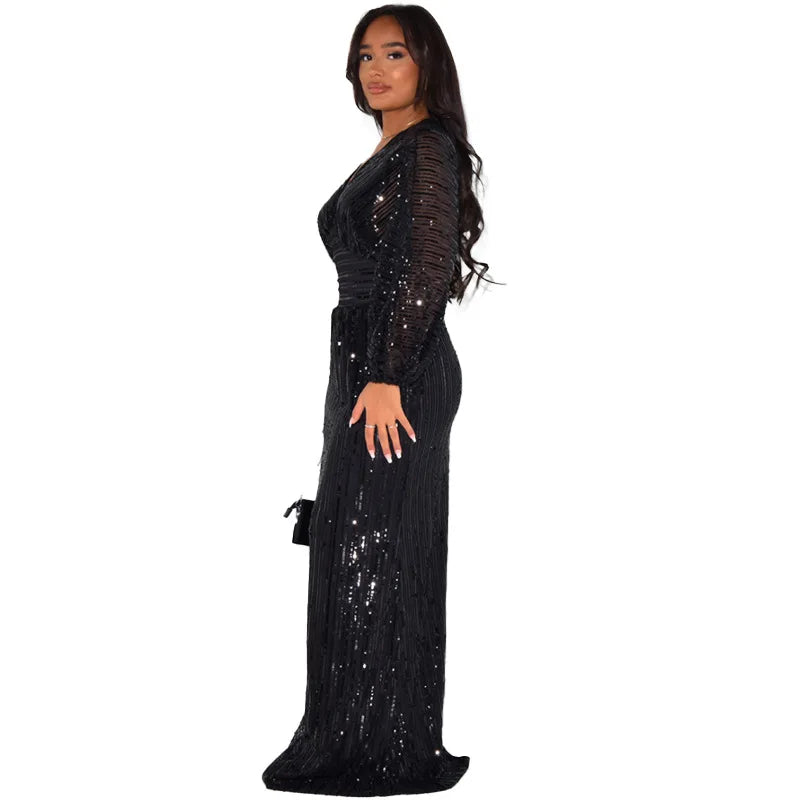 Elegant V-Neck A-Line Sequins Evening Dress for Women - Image 37