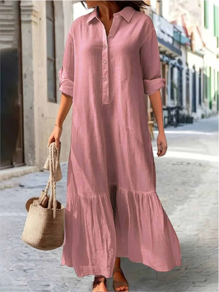 Women's Casual Cotton Linen Long Sleeve Ruffled Dress - Image 6