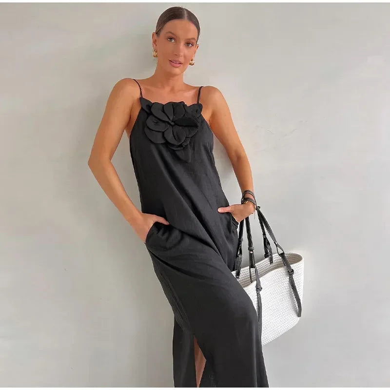 Elegant Cotton Linen Split Maxi Dress with 3D Flowers - Image 23