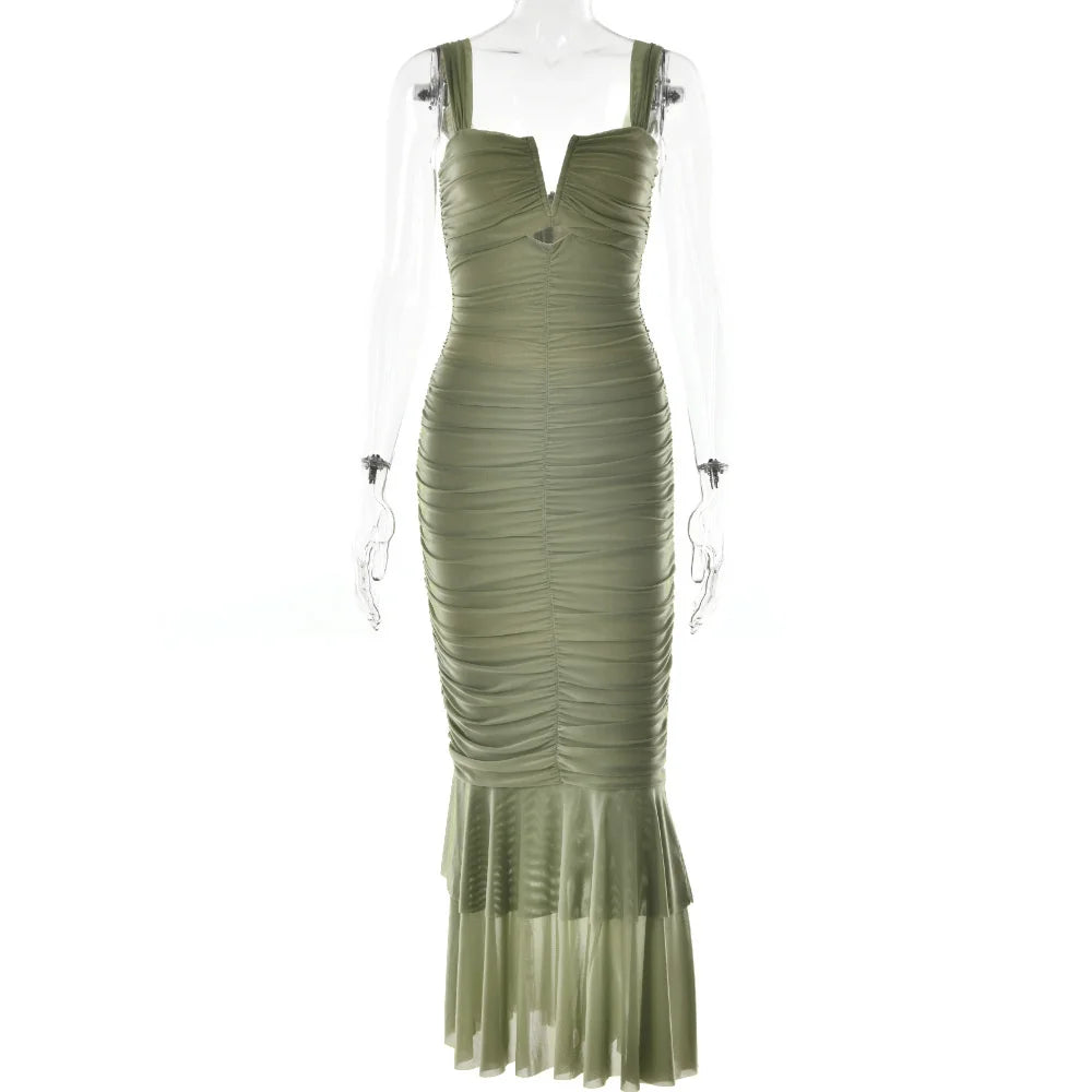 Elegant Spaghetti Strap Backless Ruched Maxi Dress for Women - Image 12