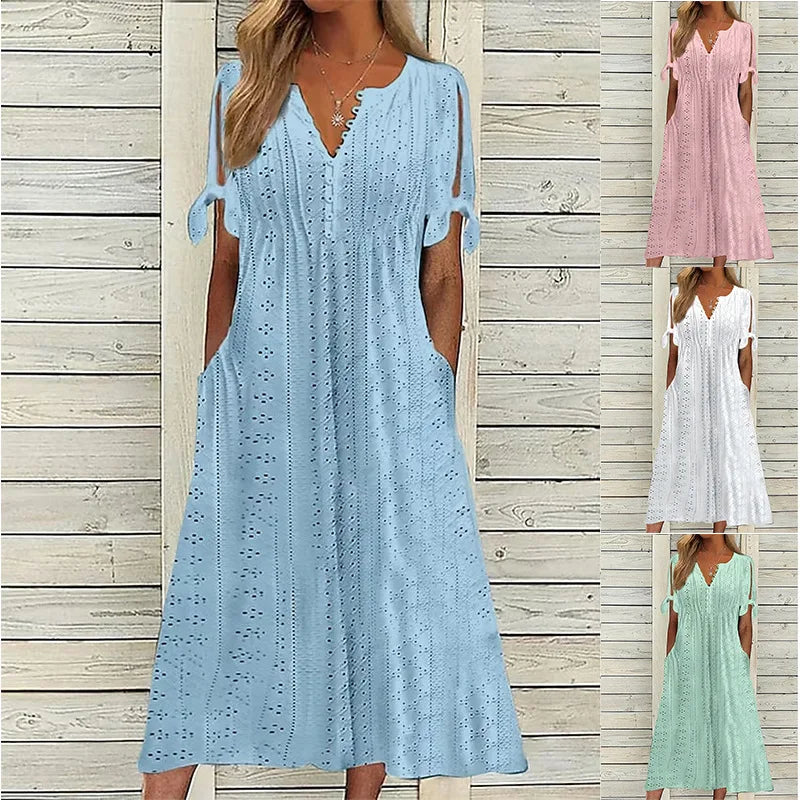 Chic Hollow Out V-Neck Lace Ruffle Long Summer Dress - Image 10