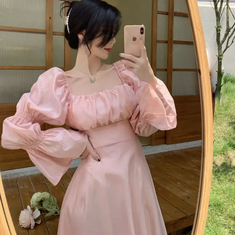 Elegant Pink Puff Sleeve Chiffon Dress for Women - Image 5