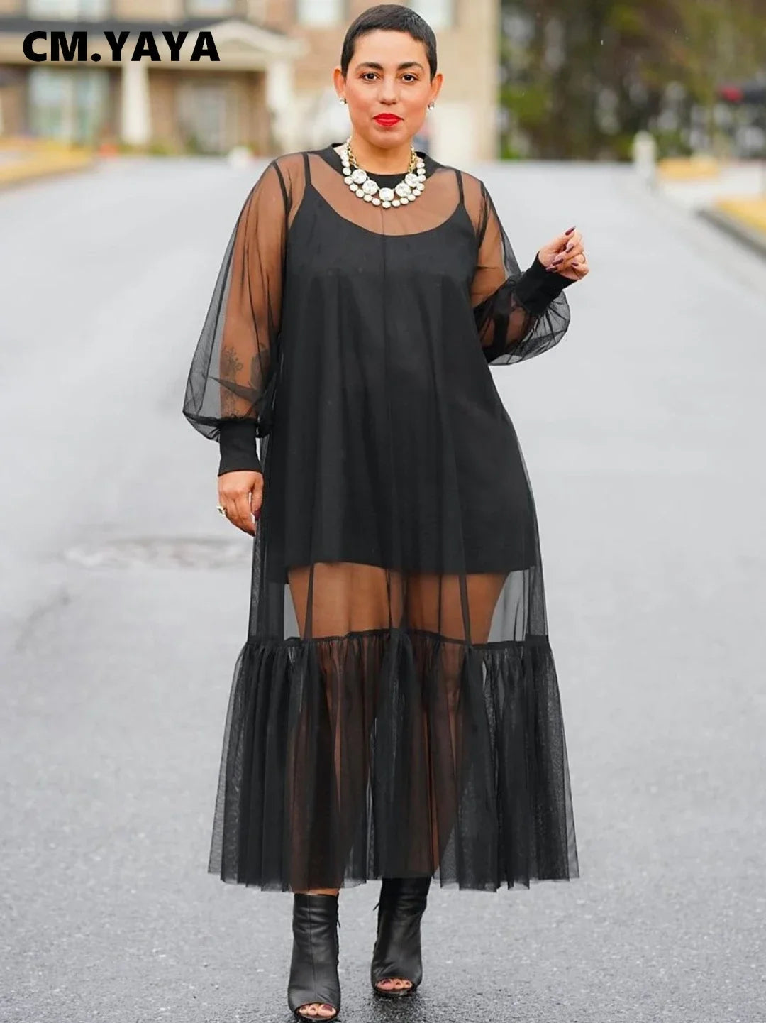 Elegant Black Mesh Ruffle Hem Long Sleeve Maxi Dress - Image 9