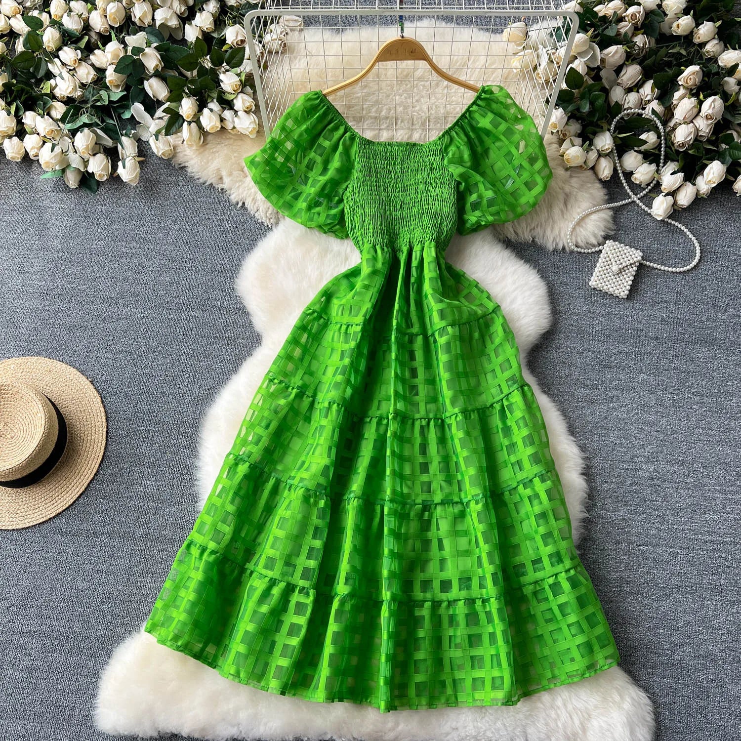 French Vintage Square Collar Puff Sleeve Summer Dress - Image 13