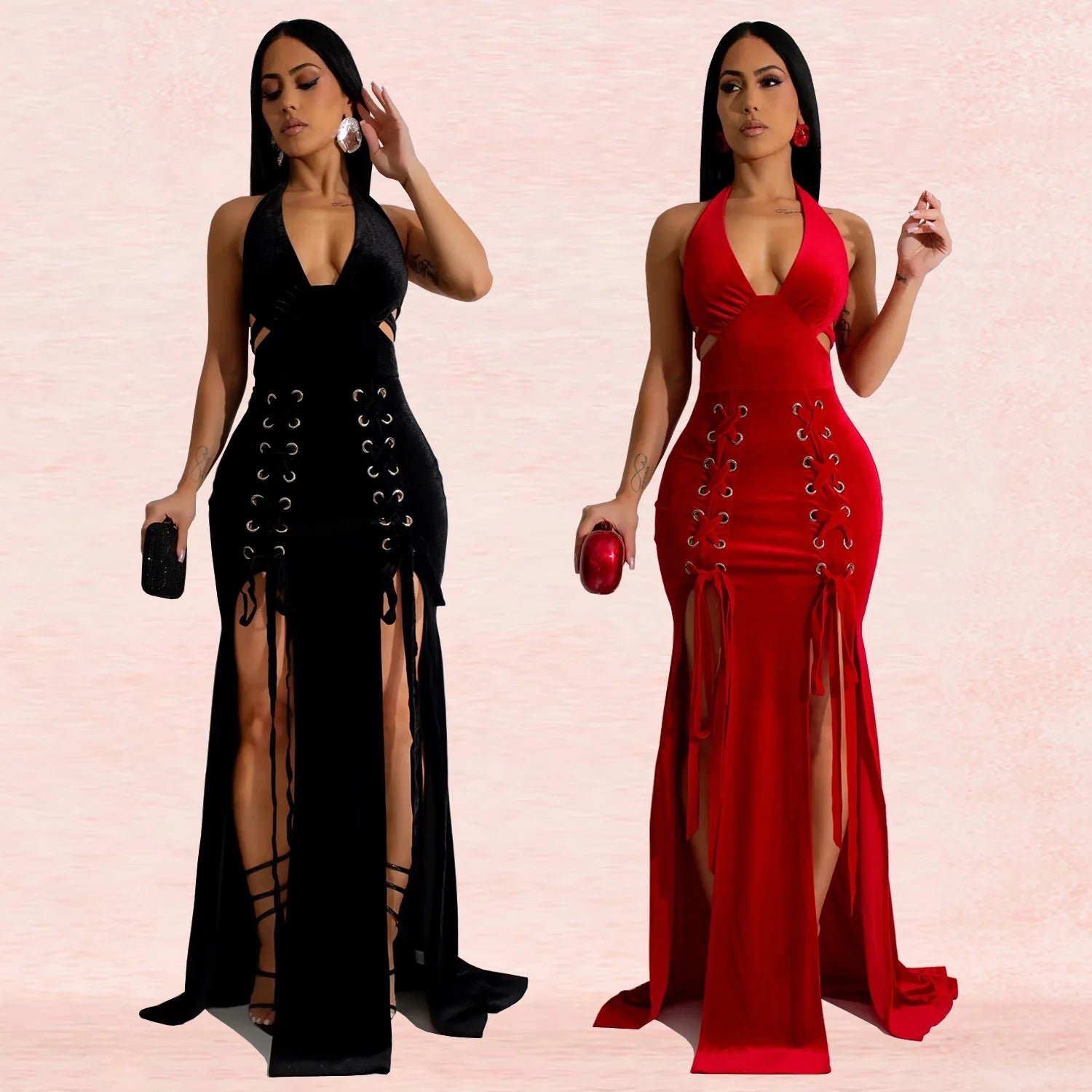 Elegant Velvet V Neck Bodycon Maxi Dress for Parties