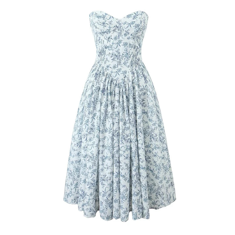 Elegant Floral Print Strapless Summer Party Dress