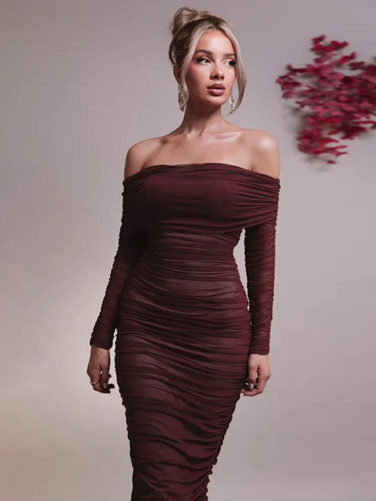 Off-Shoulder Long Sleeve Maxi Dress for Women - Sexy Bodycon - Image 3