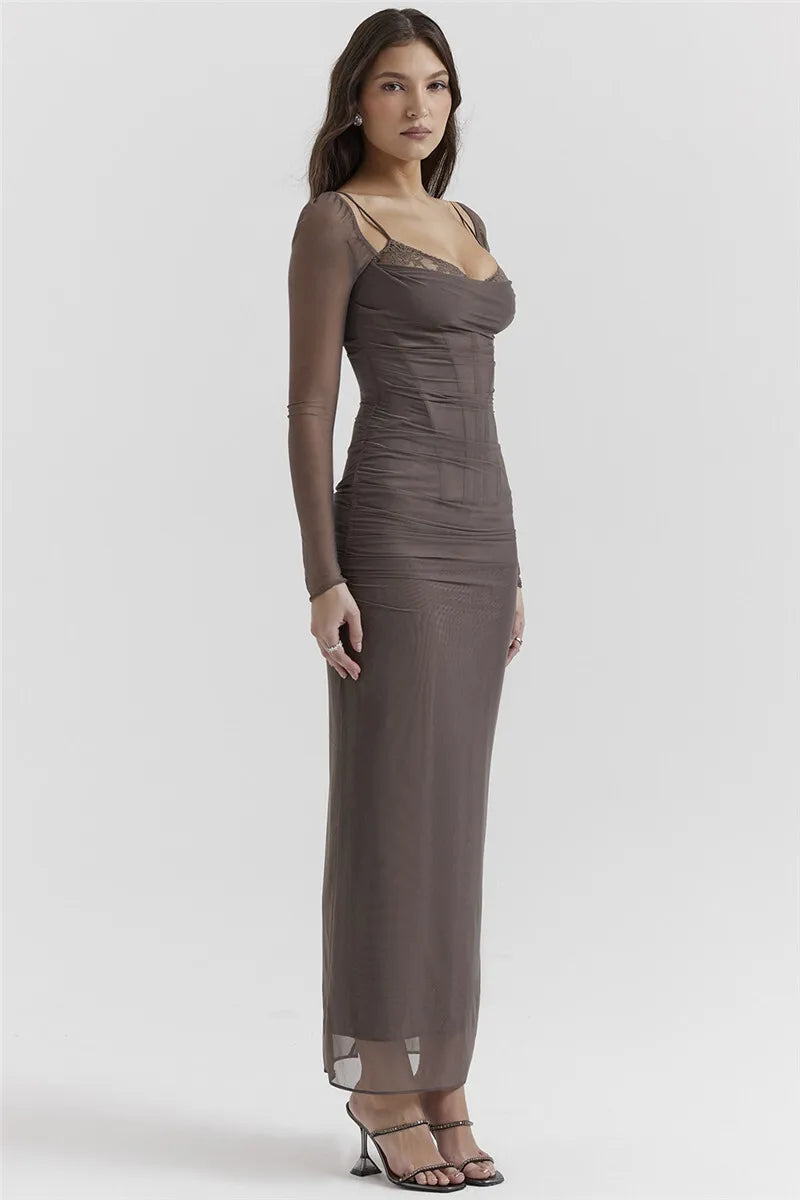 Elegant Sheer Long Sleeve Backless Maxi Dress for Women - Image 28