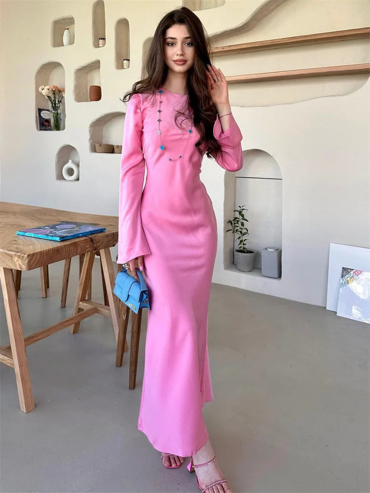 Elegant Long Sleeve Satin Maxi Dress for Women - Image 36