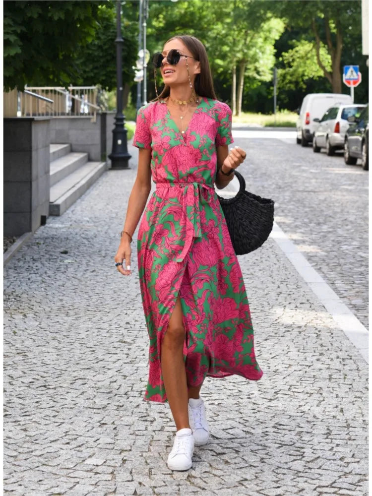 Floral Print V Neck Lace-Up Summer Dress for Women - Image 7