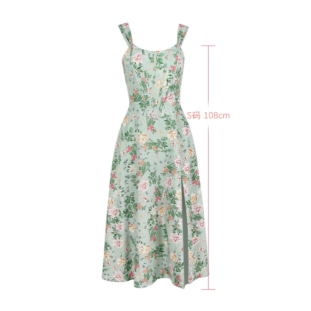 Elegant Green Lace-Up Floral Print Summer Dress for Women - Image 9