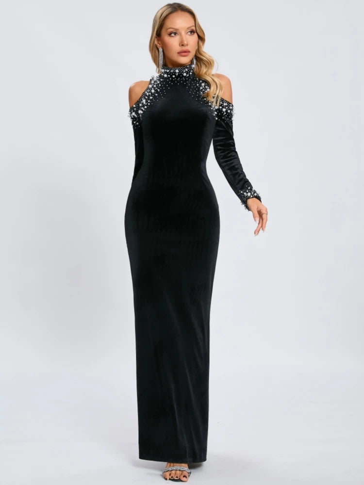 Elegant Off-Shoulder Black Velvet Beaded Evening Dress - Image 9