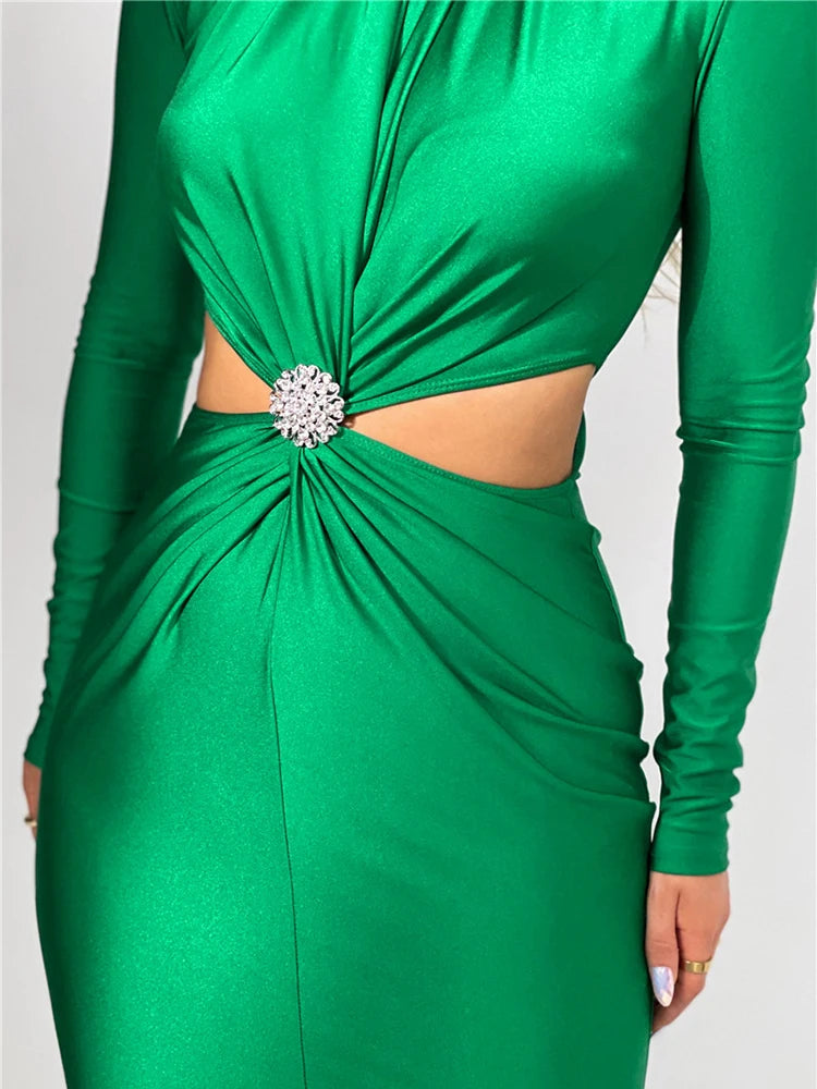 Elegant Hollow Out Turtleneck Long Sleeve Maxi Dress for Women - Image 6