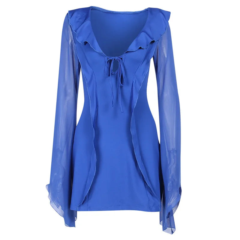 Summer V-Neck Mesh Bandage Mini Dress with Ruffles - Image 40